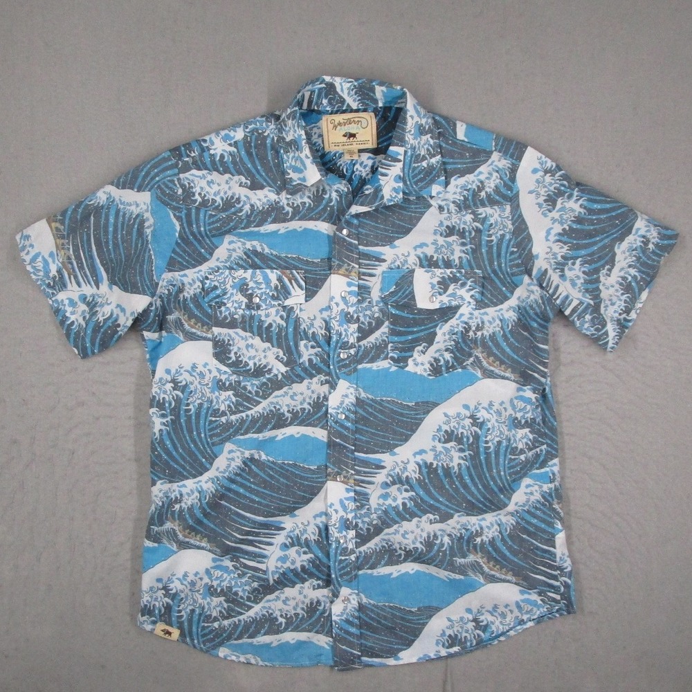 Western Aloha Men XL Blue Great Wave Print Pearl Snap Short Sleeve Western Shirt